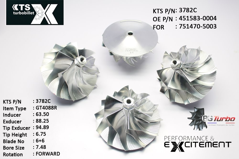 Turbo ROUE FORGÉE MFS PERFORMANCE - 6+6 PALES - INDUCER : 63,5 - EXDUCER : 88,25 - TYPE : GT4088RANGLE : 50° - ROTATION : Forward - SUPER BACK : 5,3 - BORE SIZE : 7,48
